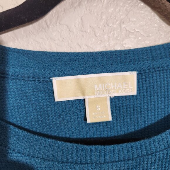 Michael Kors Teal Blue Long Sleeve Knit Top Drawstring Hem Small - Picture 2 of 15